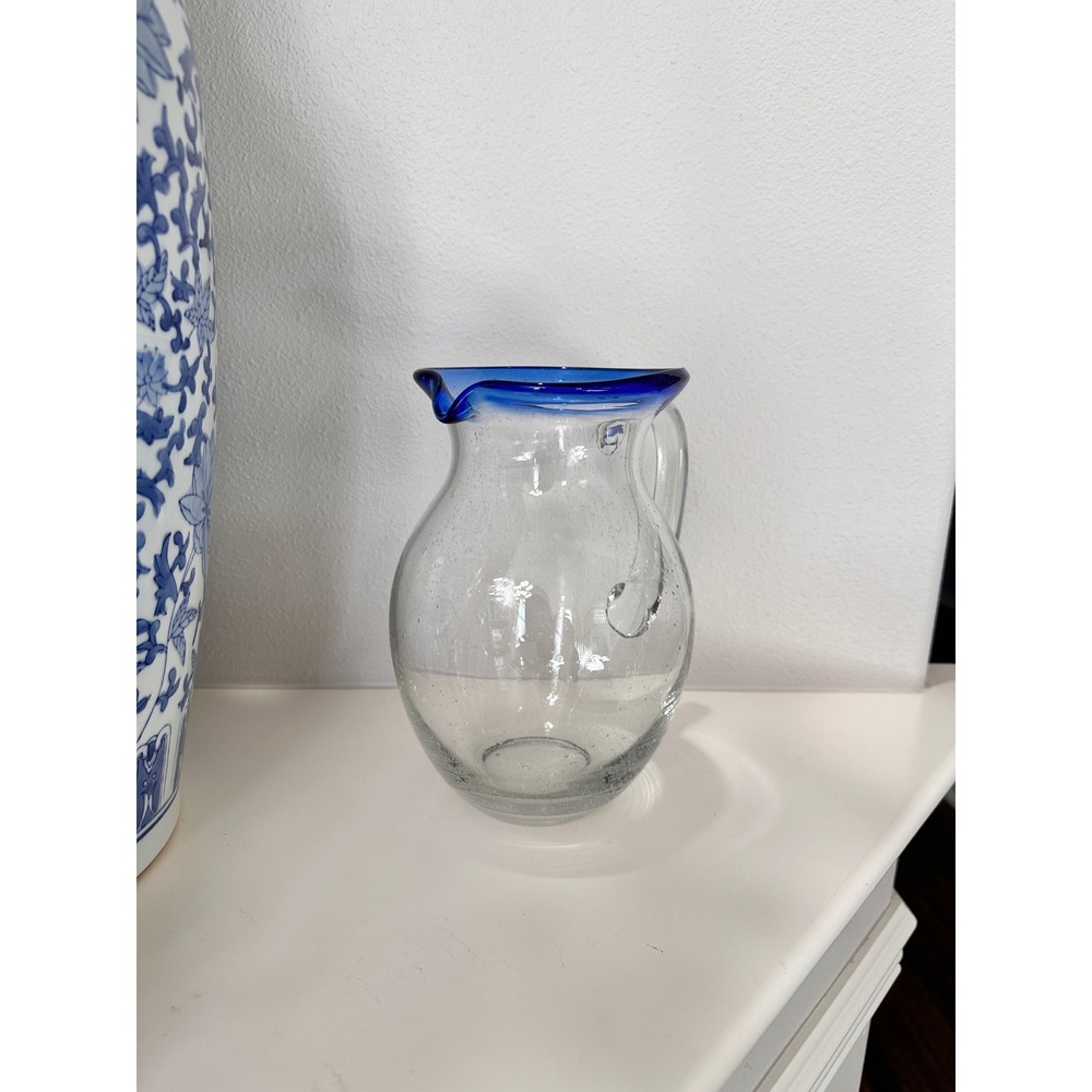 Vintage Hand Blown Glass Pitcher Cobalt Blue Rim Bubble Glass Juice Carafe